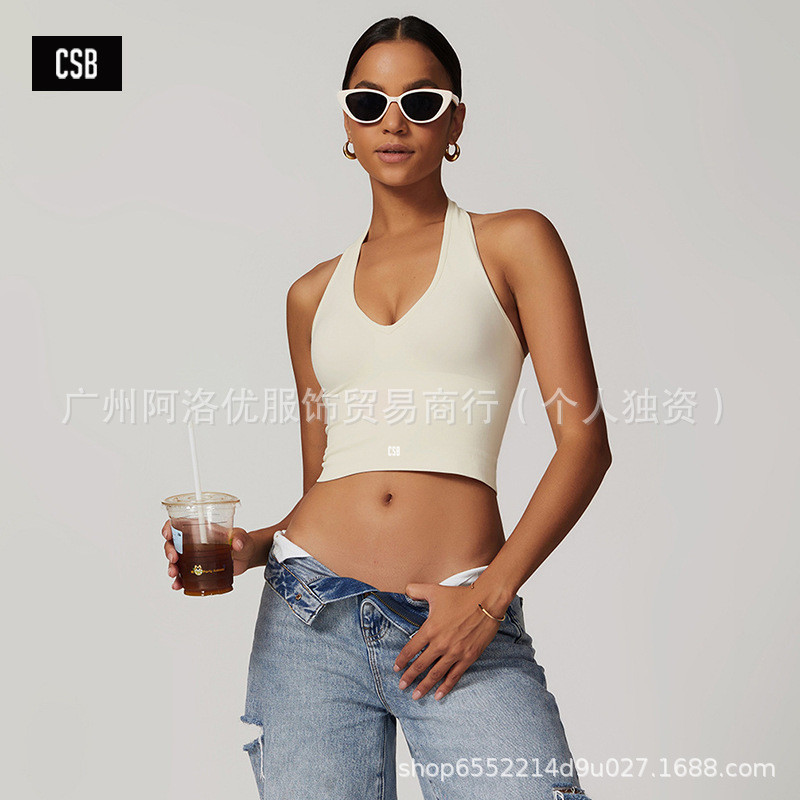 CSB Seamless Halter คอ I-Shaped สวยกลับชุดกีฬากางเกงขาสั้นยาวผู้หญิงเกลียวเอวแคบสะโพก-Lifting ชุดโยค