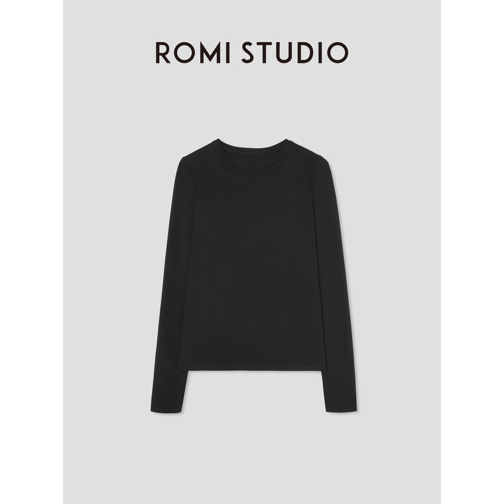 R ROMI STUDIO สไตล์ใหม่ All-Match ยืดแปรง Slim-Fit รอบคอบ้านเสื้อยืดแขนยาว RW24WSD0786