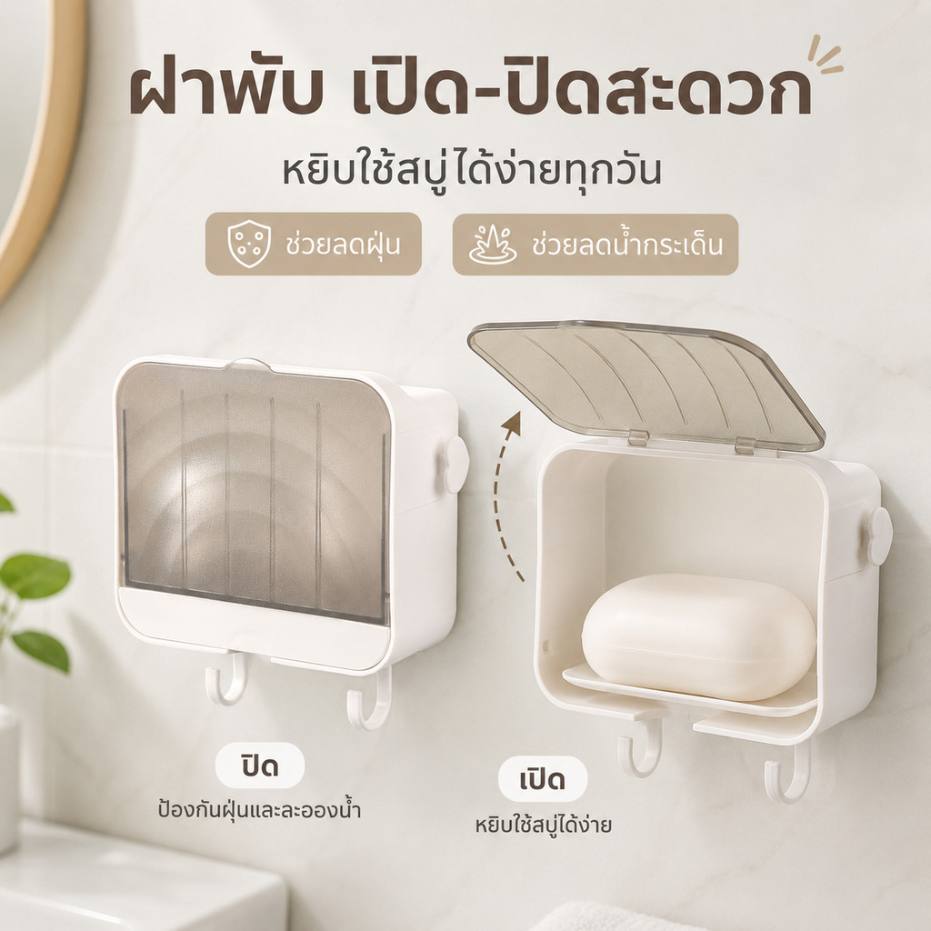 ที่วางสบู่ ตู้เก็บของติดผนัง กล่องสบู่พร้อมตะขอ ชั้นวางห้องน้ำ เก็บเครื่องสำอาง แผ่นกาว ไม่เจาะผนัง