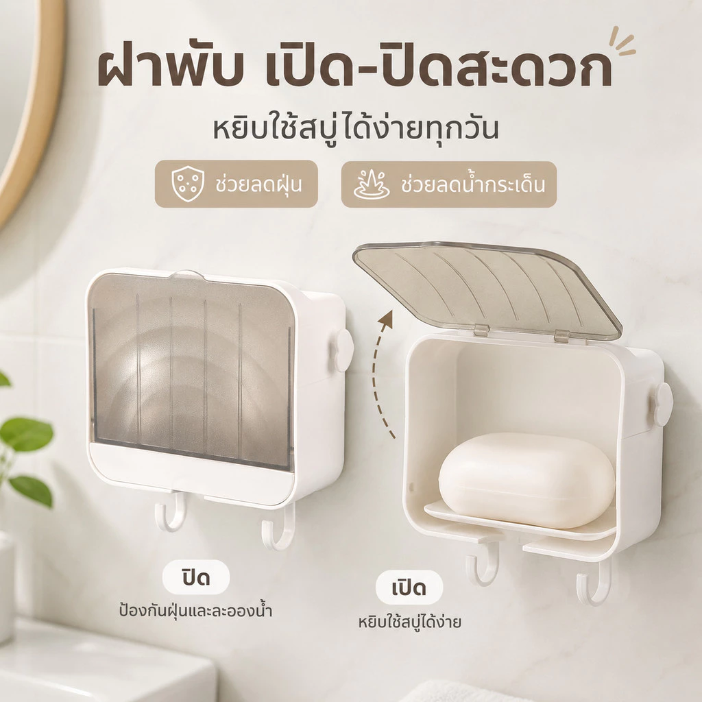 ที่วางสบู่ ตู้เก็บของติดผนัง กล่องสบู่พร้อมตะขอ ชั้นวางห้องน้ำ เก็บเครื่องสำอาง แผ่นกาว ไม่เจาะผนัง
