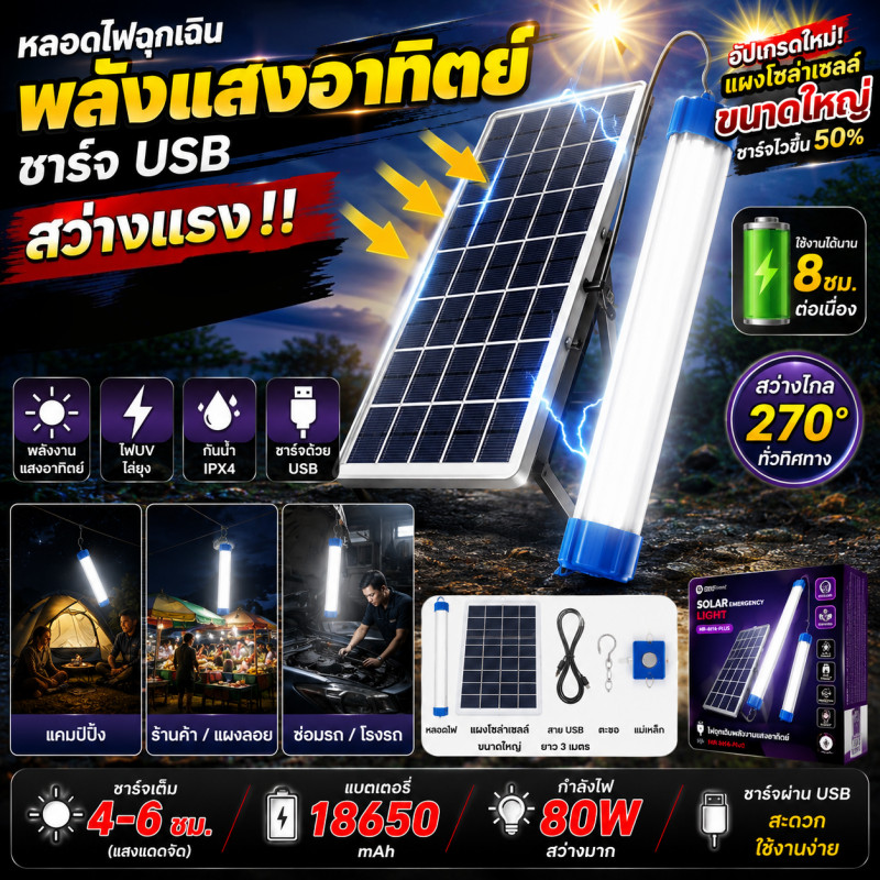 ไฟฉุกเฉิน3โหมด มีเเผงโซล่าเซลล์ หลอดไฟฉุกเฉินโซล่าเซลล์  โคมไฟโซลาร์เซลล์ ใช้ได้ทุกที่! ในบ้าน-สวน  หลอดไฟแขวน