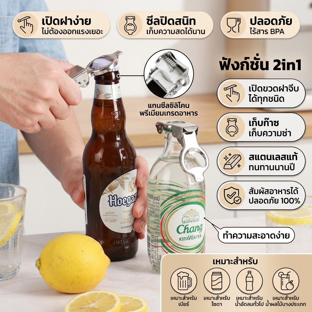 ที่เปิดขวด 2in1 ที่เปิดฝาขวดและปิดฝาขวด ที่เปิดเบียร์ ที่เปิดน้ำอัดลม เก็บความซ่า ใช้งานง่าย อเนกประสงค์