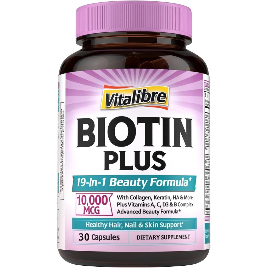 Vitalibre Biotin 1,000mcg, Vitamin B7, Hydrolyzed Keratin, Hyaluronic Acid, Collagen, Amino Acid, MS