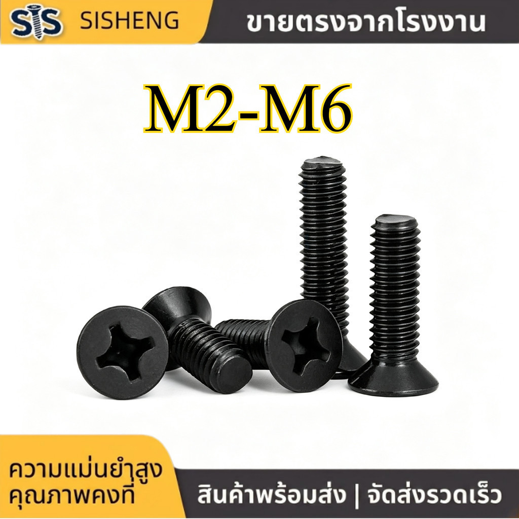 สกรู หัวแฉก หัวจม M2-M6 สีดำ สแตนเลส 304 แข็งแรง กันสนิม (4-100pcs) [SISHENG01]