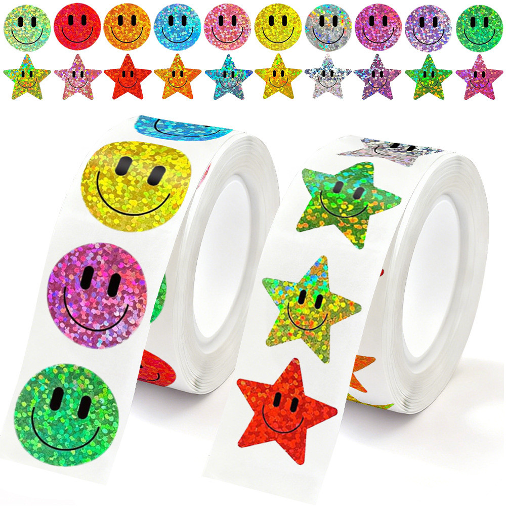 500ชิ้นยิ้มประกายดาวยิ้มสติกเกอร์ใบหน้าอลูมิเนียมฟอยล์ที่มีสีสันรางวัลมีความสุขสติกเกอร์นักเรียน