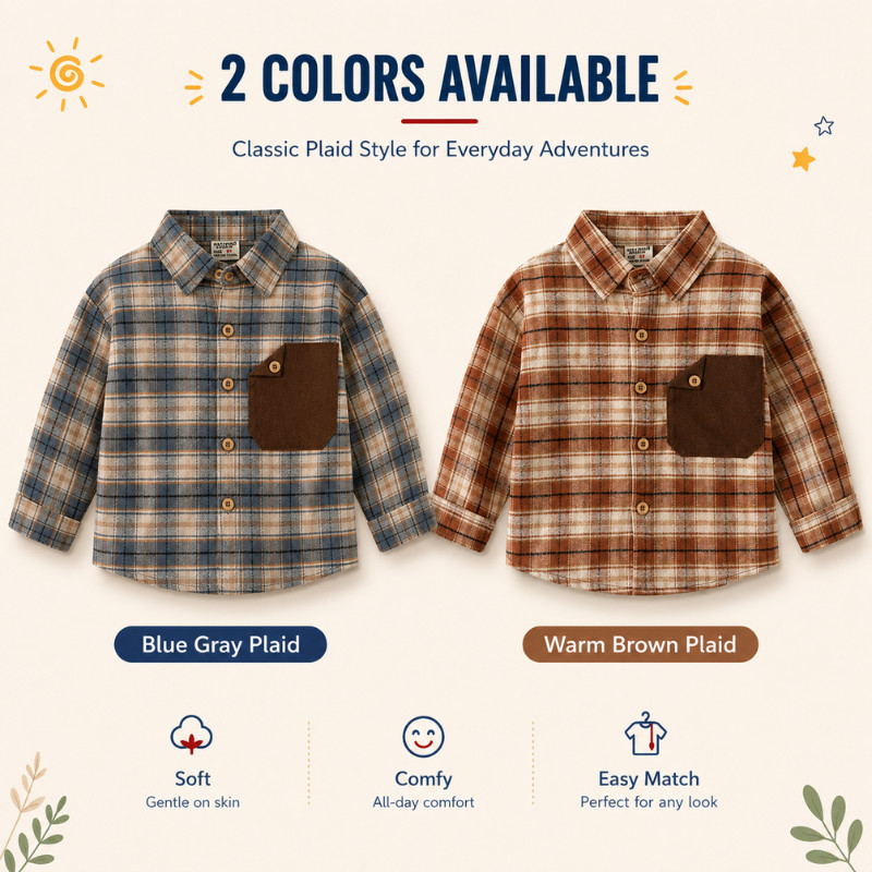 🌞【ส่งจากกทม】เสื้อเชิ้ตเด็ก ลายตาราง ฟ้า-น้ำตาล กระเป๋าสีตัด ผ้านุ่ม ใส่ทุกวัน ใส่แอร์ ชายหญิง 2-7ปี รูปที่ 9