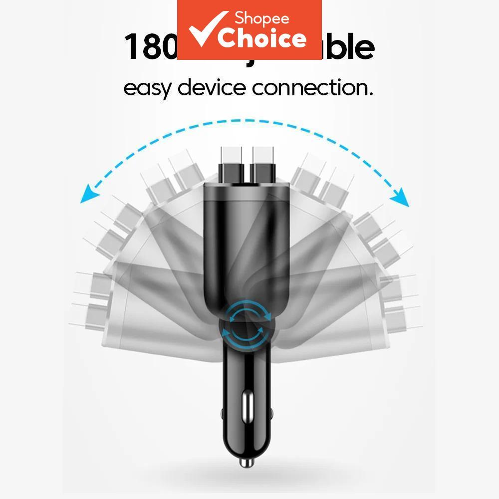Fast 150w Retractable 70 ซม.Usb-c Dual Cable Power Adapter ที่ชาร์จแบตในรถ