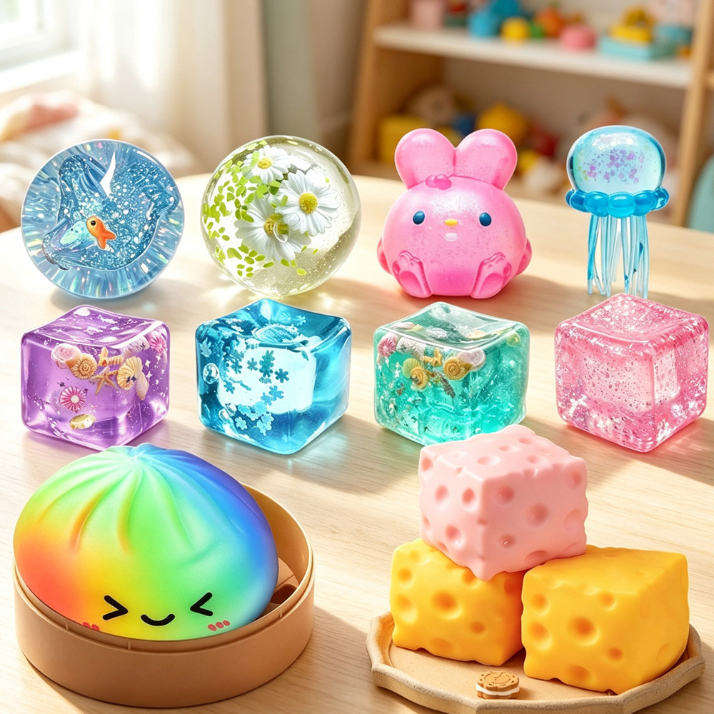 Needoh Nice Ice Cube Stress Ball ประกายเลื่อม Clear Square Squeeze ของเล่นสําหรับความเครียดบรรเทา
