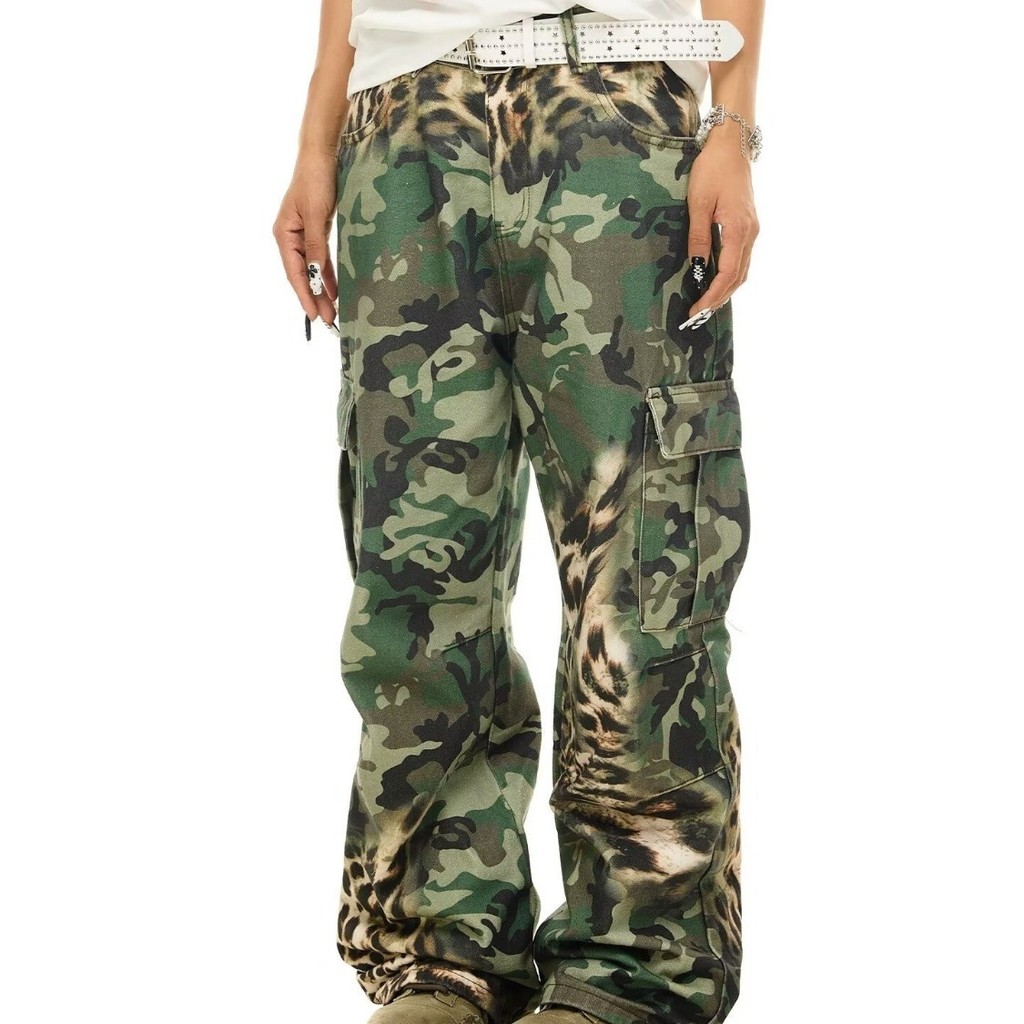 อเมริกัน Destruction Camouflage กางเกงยีนส์ผู้ชายผู้หญิงฤดูใบไม้ผลิฤดูใบไม้ร่วงสไตล์ใหม่ Street สวมใส่หลวมตรงล้าง Distressed Overalls กางเกง