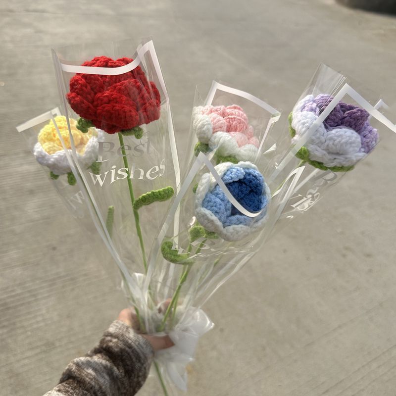 成品钩针编织玫瑰花毛线花束成品教师节礼物母亲节情人节* 手编花束Creative Weaving Handmade Knitted Yarn Bouquet Simulation Flower Tea