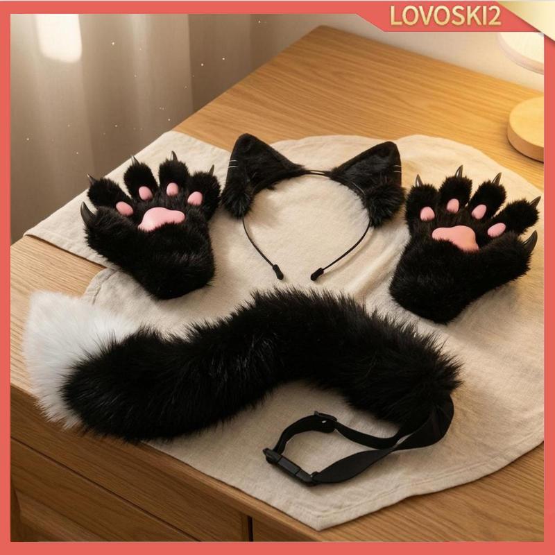 [Lovoski2] Feline Ears Tail Gloves Set Faux Fleece Cat Ear Headband Adjustable Black