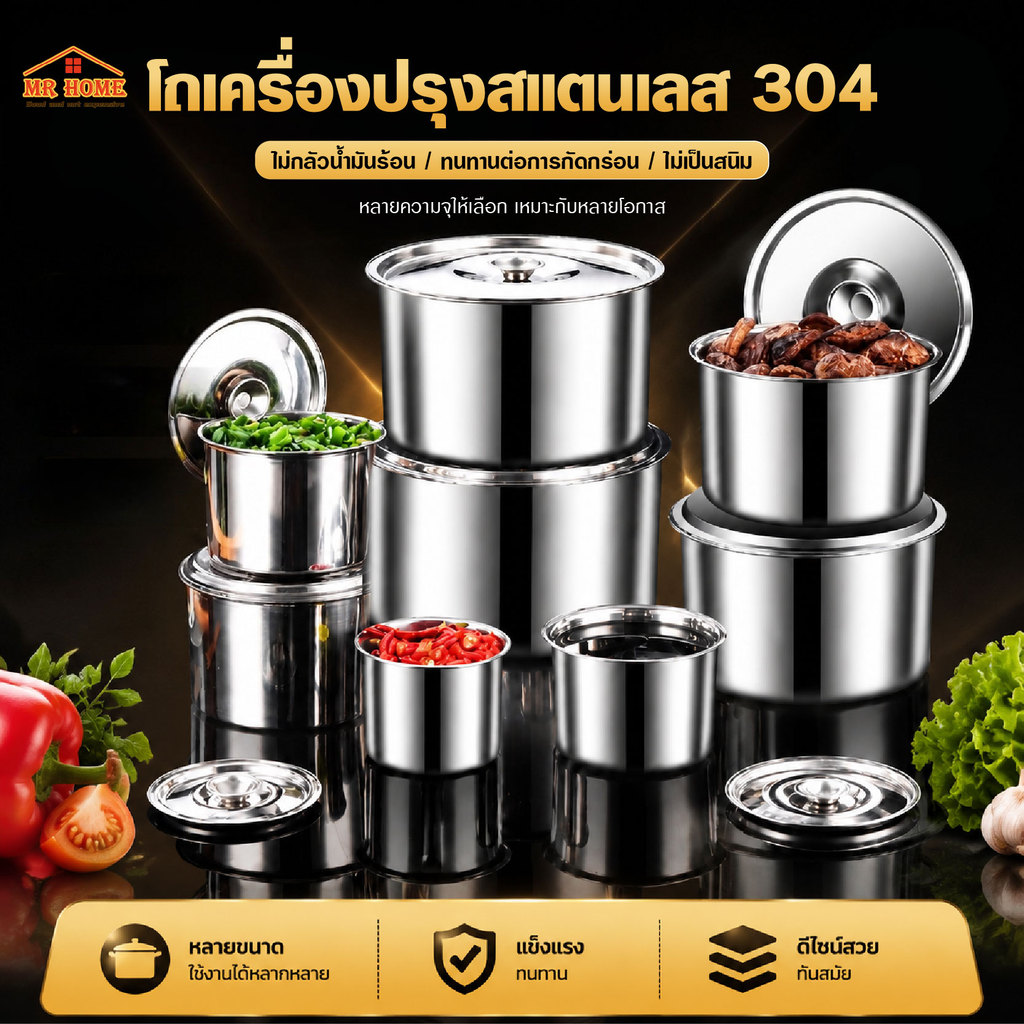 กระปุกเครื่องปรุงทรงกลมสแตนเลส กล่องเก็บอาหาร กล่องใส่อาหาร ถนอมอาหาร สแตนเลสมีฝาปิดถาดสแตนเลส อ่างอาหาร ถาดหลุมใส่อาหาร