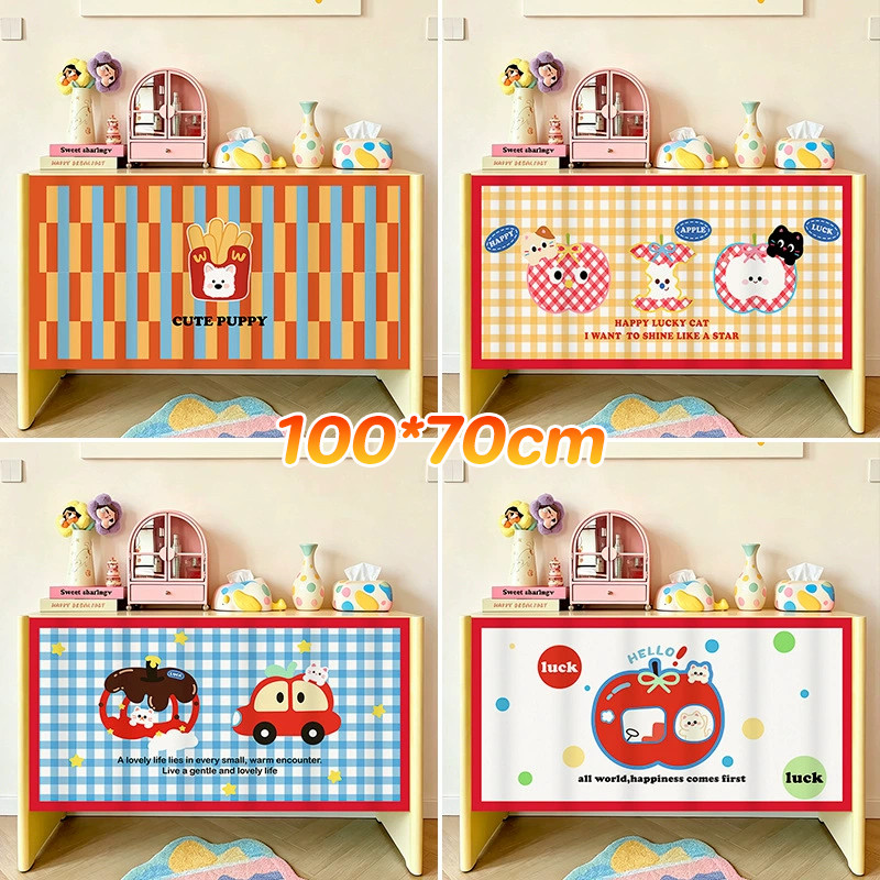 COD ผ้าม่านสั้นติดกาวในตัว 100*70CM รูปภาพการ์ตูนน่ารัก ป้องกันฝุ่น ผ้าม่านสั้นสำหรับตู้ครัว