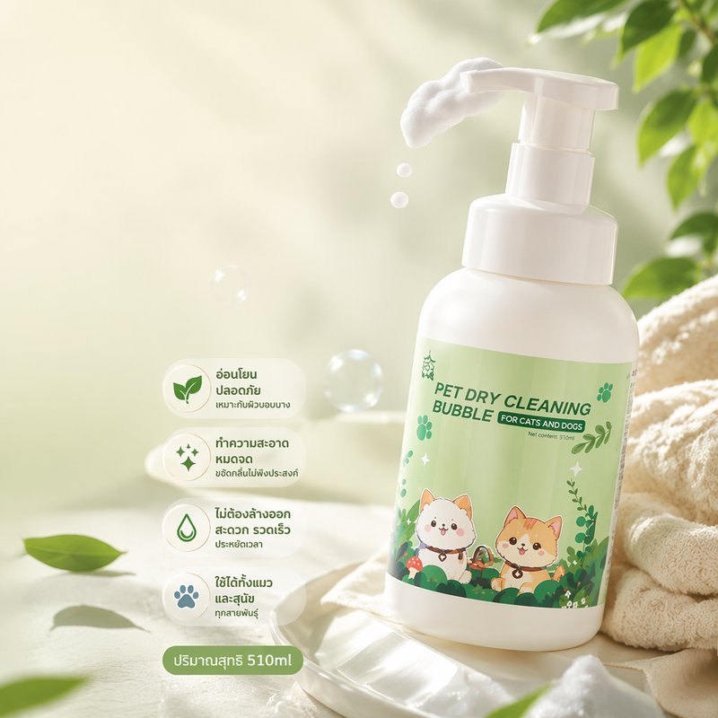 โฟมอาบน้ำแห้ง สุนัข แมว แชมพูอ่อนโยน ดับกลิ่น ไม่ต้องล้างน้ำ สูตรสมุนไพร 510ml