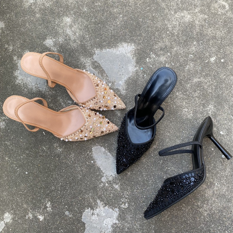 2 สีขนาดใหญ่ 36-41 รองเท้าแตะรองเท้าส้นสูง Baotou ลูกปัด Sequined ตาข่าย Breathable จัดเลี้ยงรองเท้า