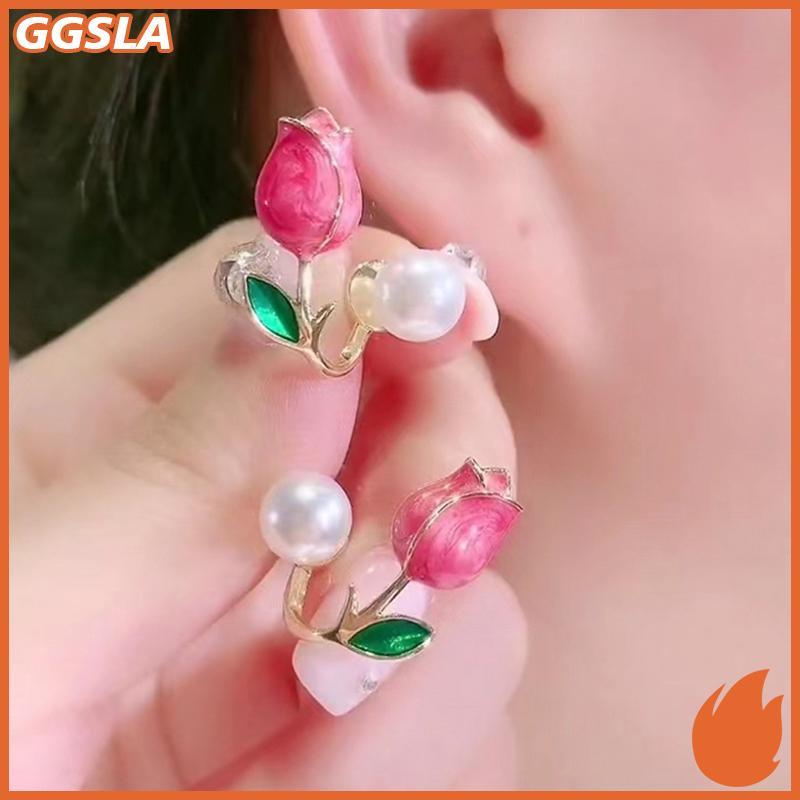 GGSLA เกาหลีแสงหรูหราดอกทิวลิปเลียนแบบมุกต่างหูสตั๊ดสําหรับผู้หญิงสองทางที่จะสวมใส่หูกระดุมสําหรับสาวๆทุกวันพรรคเครื่องประดับใ