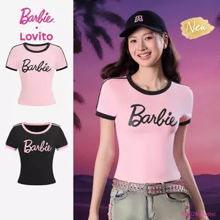 (New Arrival) Barbie™ X Lovito เสื้อยืดสีชมพูผู้หญิง ฤดูใบไม้ผลิ/ร้อน แขนสั้น คอกลม สีตัดกันและแถบข้าง เกาหลี อินเทรนด์ LBL5AD004
