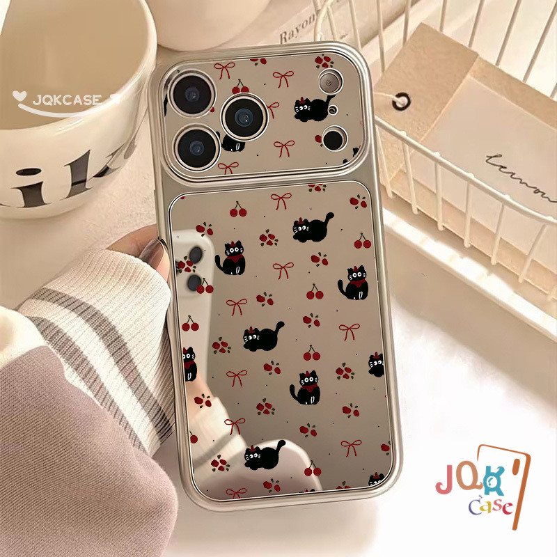 เคสผิวเงาสะท้อนลายเชอร์รี่และแมวสีดำ สำหรับ iPhone 17 Pro Max 12 13 15 Pro 11 X Xr Xs Max 14 17Air 16 Plus เคสลายผูกโบว์