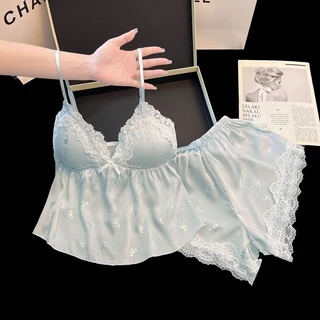 LACE CHILLI ชุดนอนผู้หญิง สายเดี่ยว ซาติน 2 ชิ้น ผ้านิ่ม ลูกไม้ สไตล์เกาหลี 🍃 #M-5XL SET-123