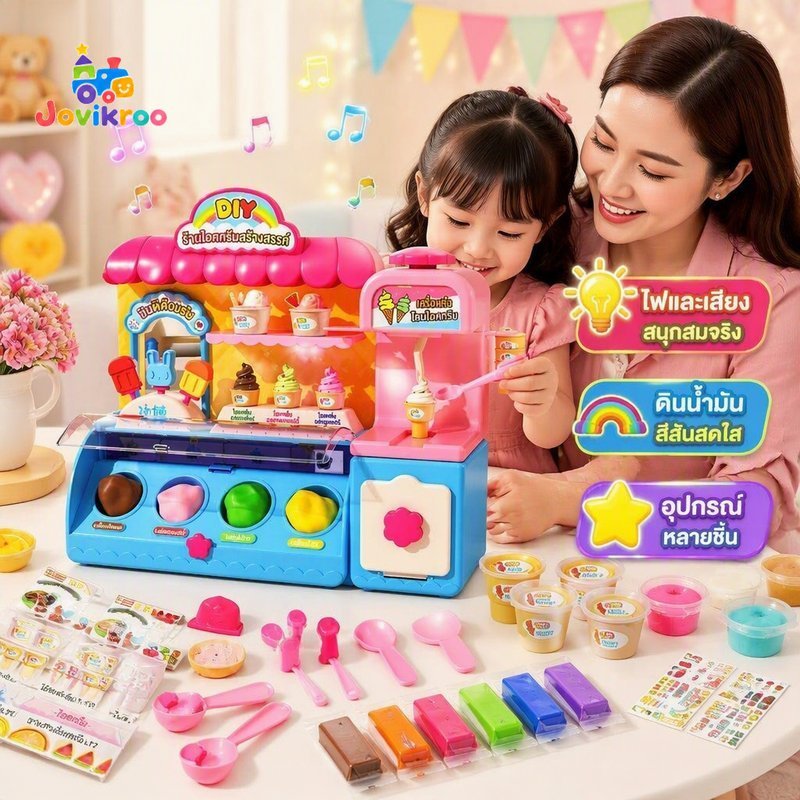 Kids Ice Cream Shop Playset DIY Clay Maker Light Sound บทบาทเล่นทักษะของขวัญ 12 24 สี
