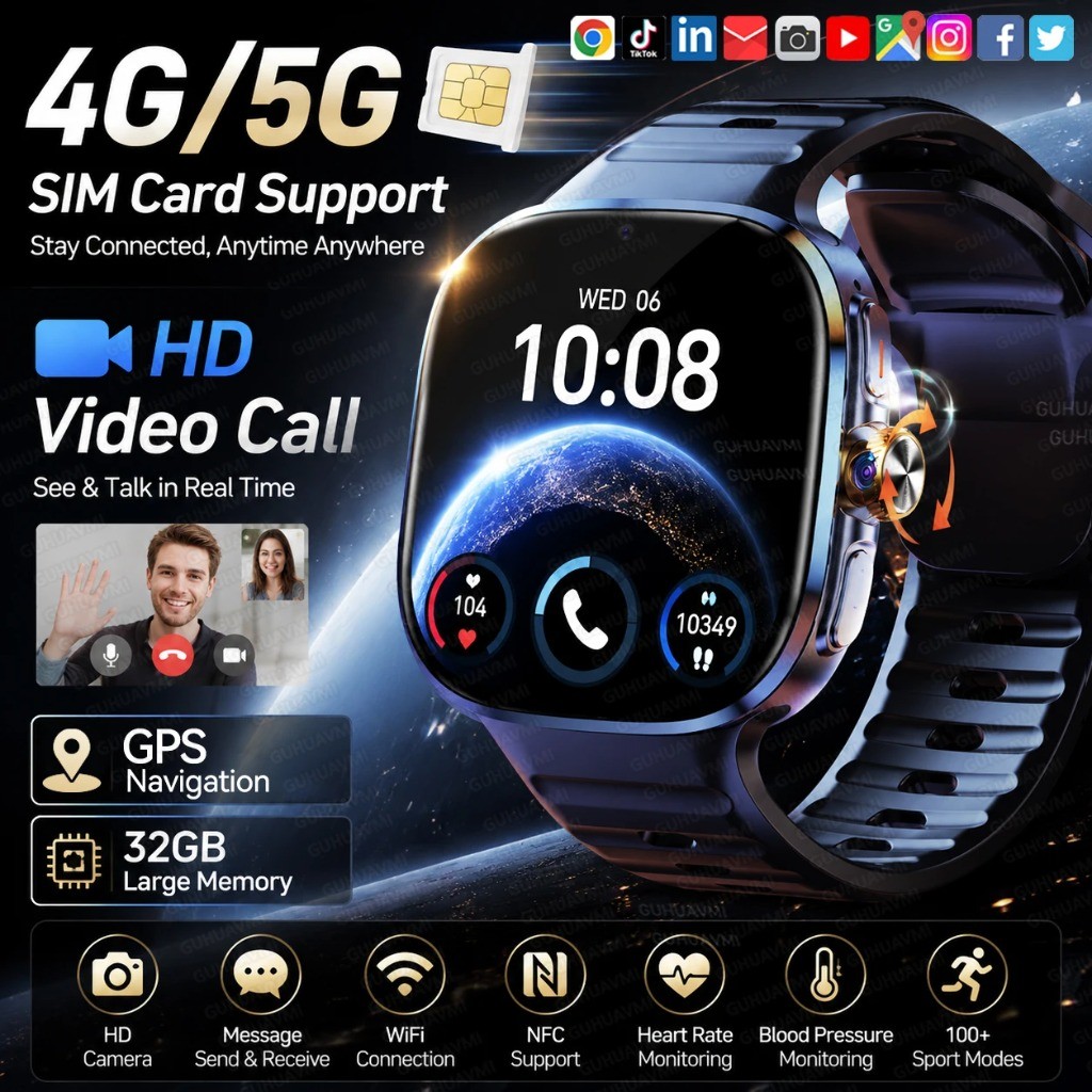 ใหม่ Global SIM 4G5G Video Call สมาร์ทวอท์ชผู้ชาย Google แผนที่นําทาง APP ดาวน์โหลด Take Photo Ratat