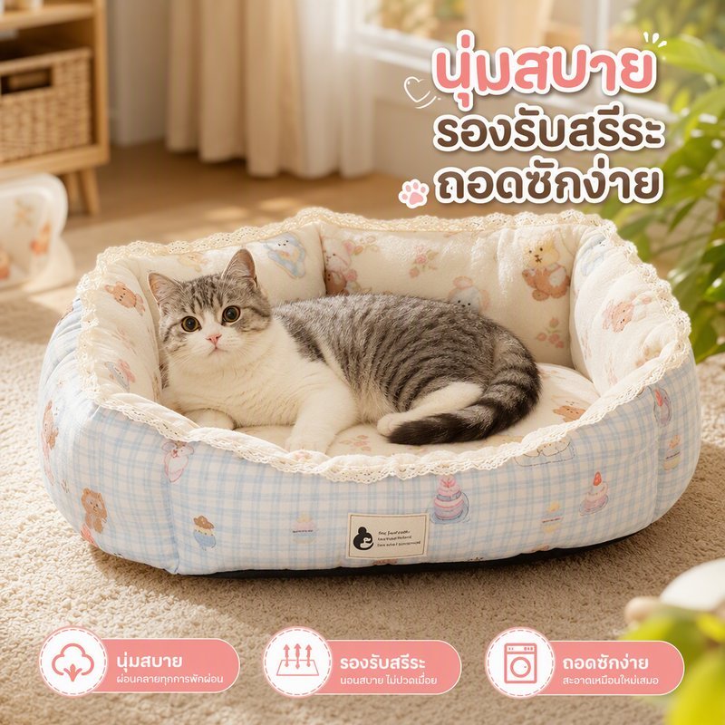 ที่นอนสัตว์เลี้ยง เบาะนอนแมว เตียงสุนัข ผ้านุ่มหนา ระบายอากาศ กันลื่น ถอดซักได้ ขนาด S M L