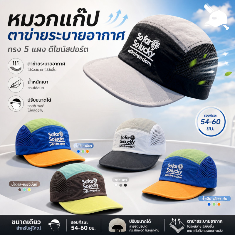 หมวกเบสบอลแห้งเร็ว หมวกเบสบอลผ้าตาข่าย น้ำหนักเบาที่มีขนาดวงศีรษะใหญ่ พร้อมเทคโนโลยีป้องกันรังสีUV ใส่ได้ทั้งชายหญิง