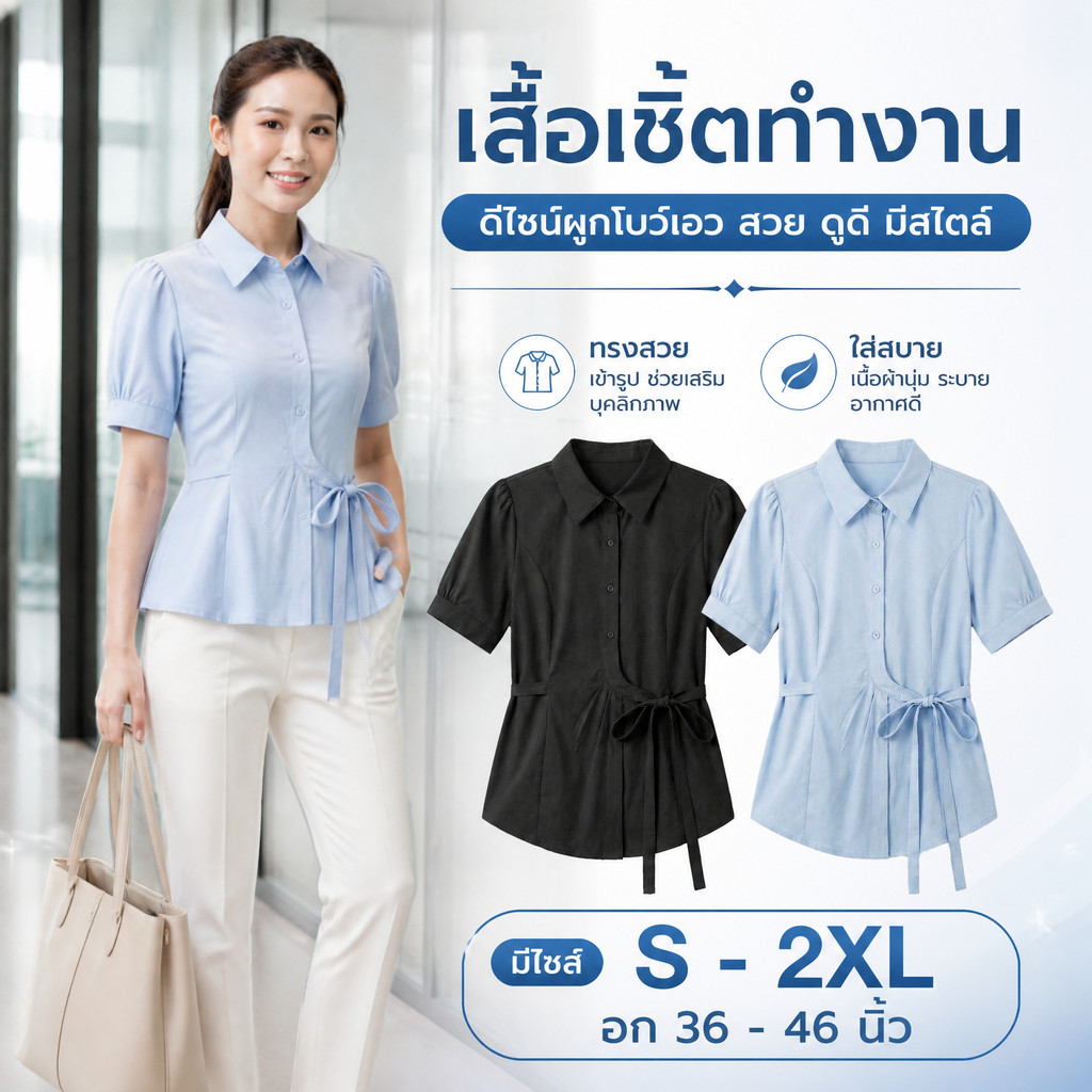 เสื้อเชิ้ตผูกเอว มีไซส์ S-2XL ทรงเก็บหุ่น ดูผอม แขนสั้น ผ้าใส่สบาย  ใส่ทำงานได้