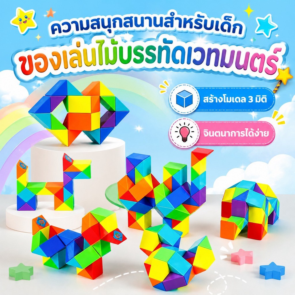 รูบิคงู Rubik's Magic Snake 24 /36 /48 Blocks ไม้บรรทัดวิเศษวาไรตี้ รูบิคงูหรรษา ของเล่นเพื่อการศึกษา บิดตามข้อต่อ