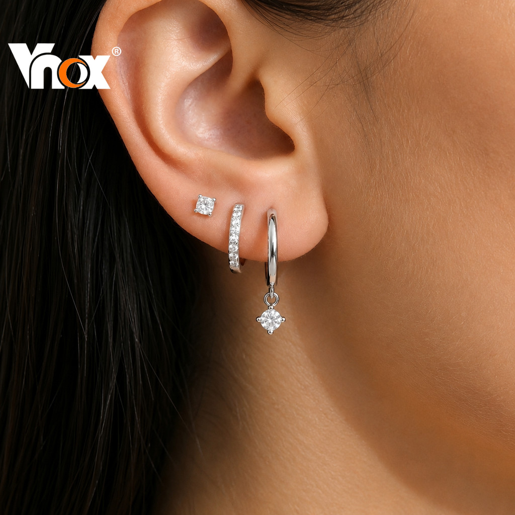 Vnox Silver Cubic Zirconia ชุดต่างหู 3 ชิ้นสําหรับผู้หญิง, ต่างหูห่วงสแตนเลสวางซ้อนกันได้