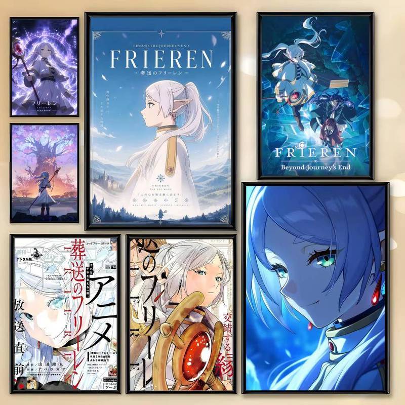 Frieren Beyond Journeys End อะนิเมะผ้าใบ Wall Art ชุด Elf Mage ตัวอักษรโปสเตอร์สําหรับห้องนั่งเล่นห้องนอน Gaming Room ความงามตกแต่งบ้าน
