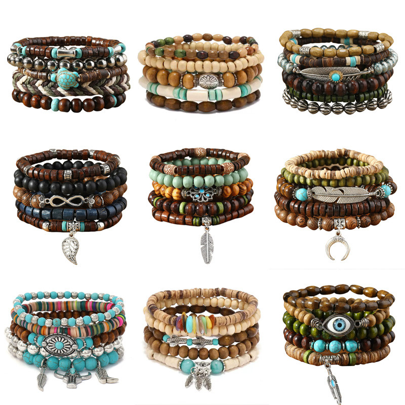 โบฮีเมียนซ้อนสร้อยข้อมือชุด niche retro สร้อยข้อมือลูกปัดไม้อุปกรณ์เสริม unisex