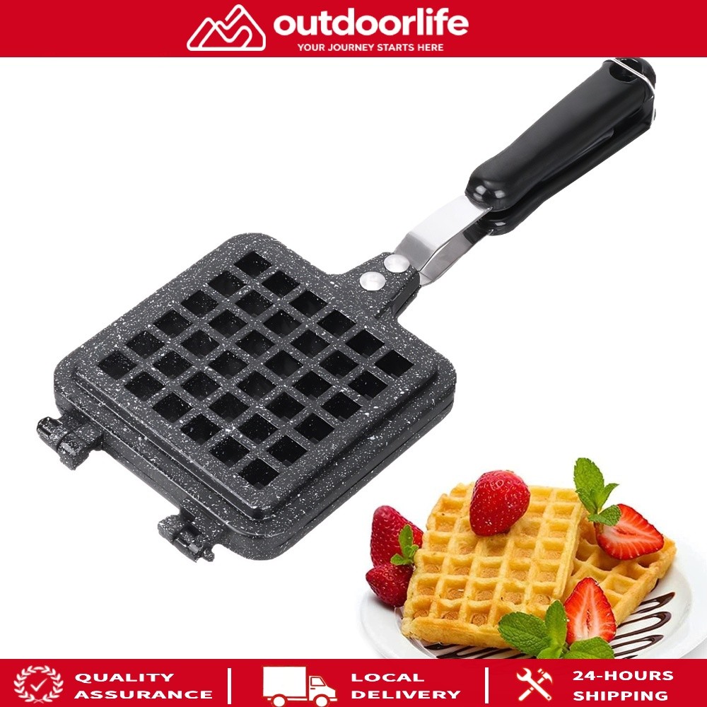 จัดส่งรวดเร็ว Non-Stick Waffle Iron Stovetop Cast Aluminium Square Grid Pan Handle