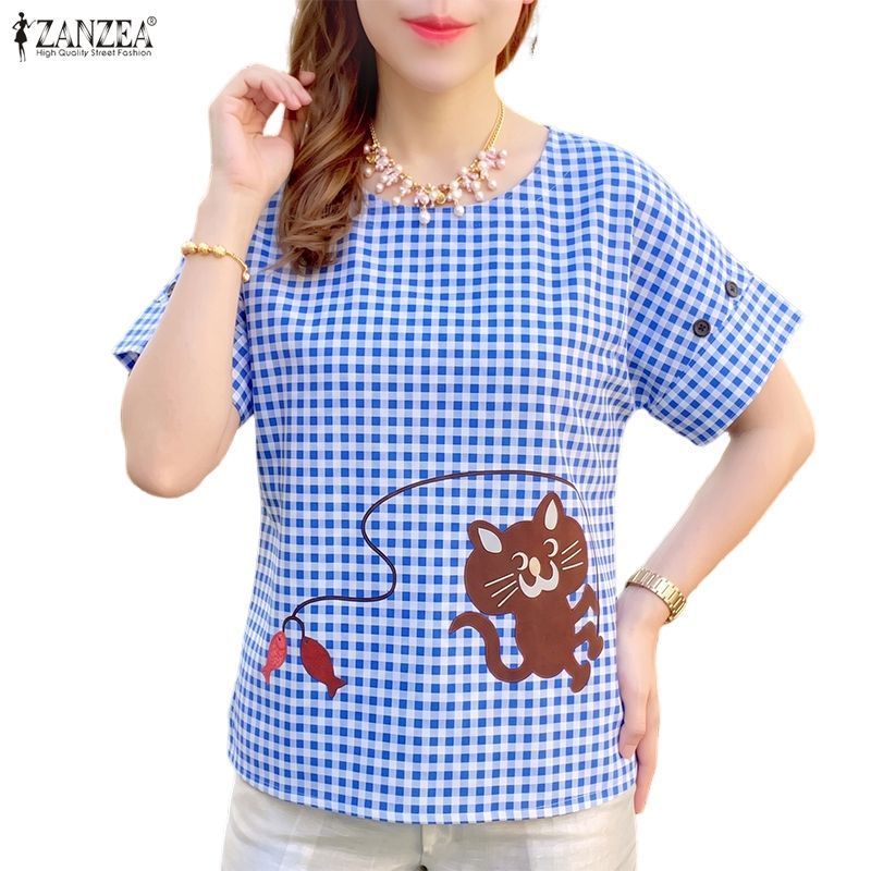 ZANZEA ผู้หญิงเกาหลีวินเทจ Kawaii ลูกเรือคอ Raglan แขนการ์ตูนพิมพ์ลายสก๊อตเสื้อหลวม — صورة 6