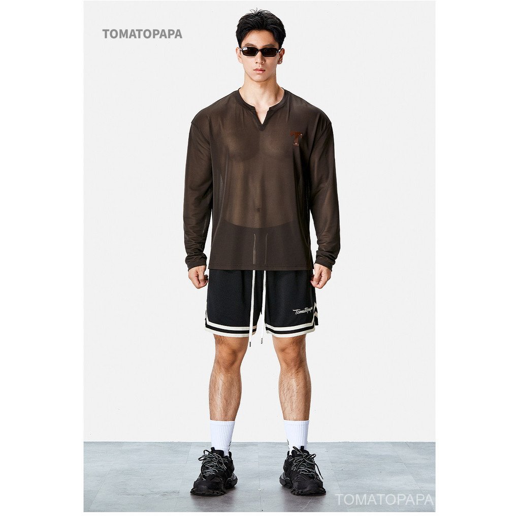 เสื้อยืดผู้ชาย TOMATOPAPA คอเฮนลีย์แขนยาว บางเบาผ้าโปร่งตาข่าย แห้งไวกันUV ใส่ออกกำลังกาย
