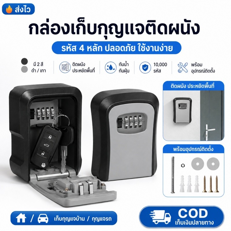 ส่งไว กล่องเก็บกุญแจติดผนัง รหัส 4 หลัก กันน้ำกันฝุ่น โลหะแข็งแรง เก็บกุญแจบ้าน รถยนต์ ปลอดภัย ใช้งานง่าย
