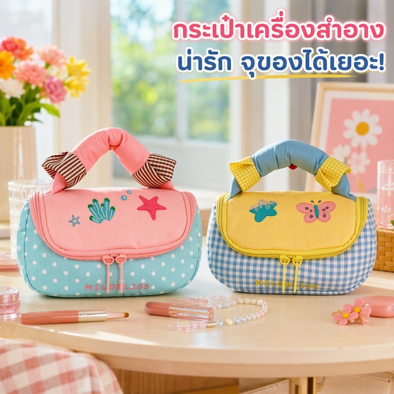 กระเป๋าเครื่องสําอาง แบบพกพา ปักลายการ์ตูน หูหิ้วโบว์ จุเยอะ กันน้ำ PU ซับในไนลอน ซิป
