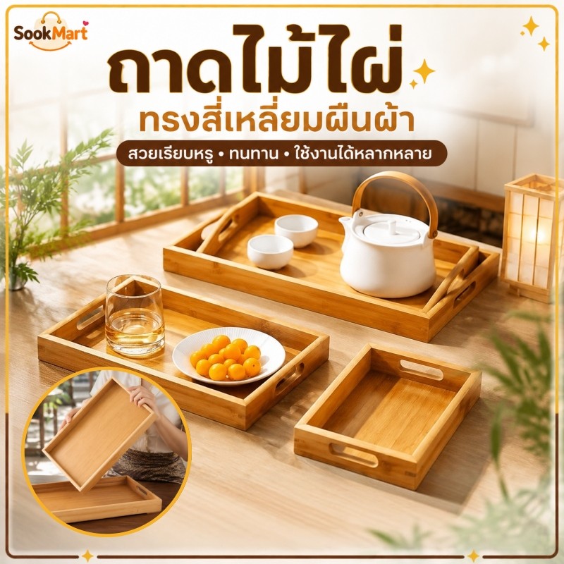 SookMart ถาดไม้ไผ่ทรงสี่เหลี่ยมผืนผ้า สไตล์ญี่ปุ่นเรียบง่าย อเนกประสงค์ เหมาะสำหรับร้านอาหาร คาเฟ่ บาร์ และใช้ในบ้าน