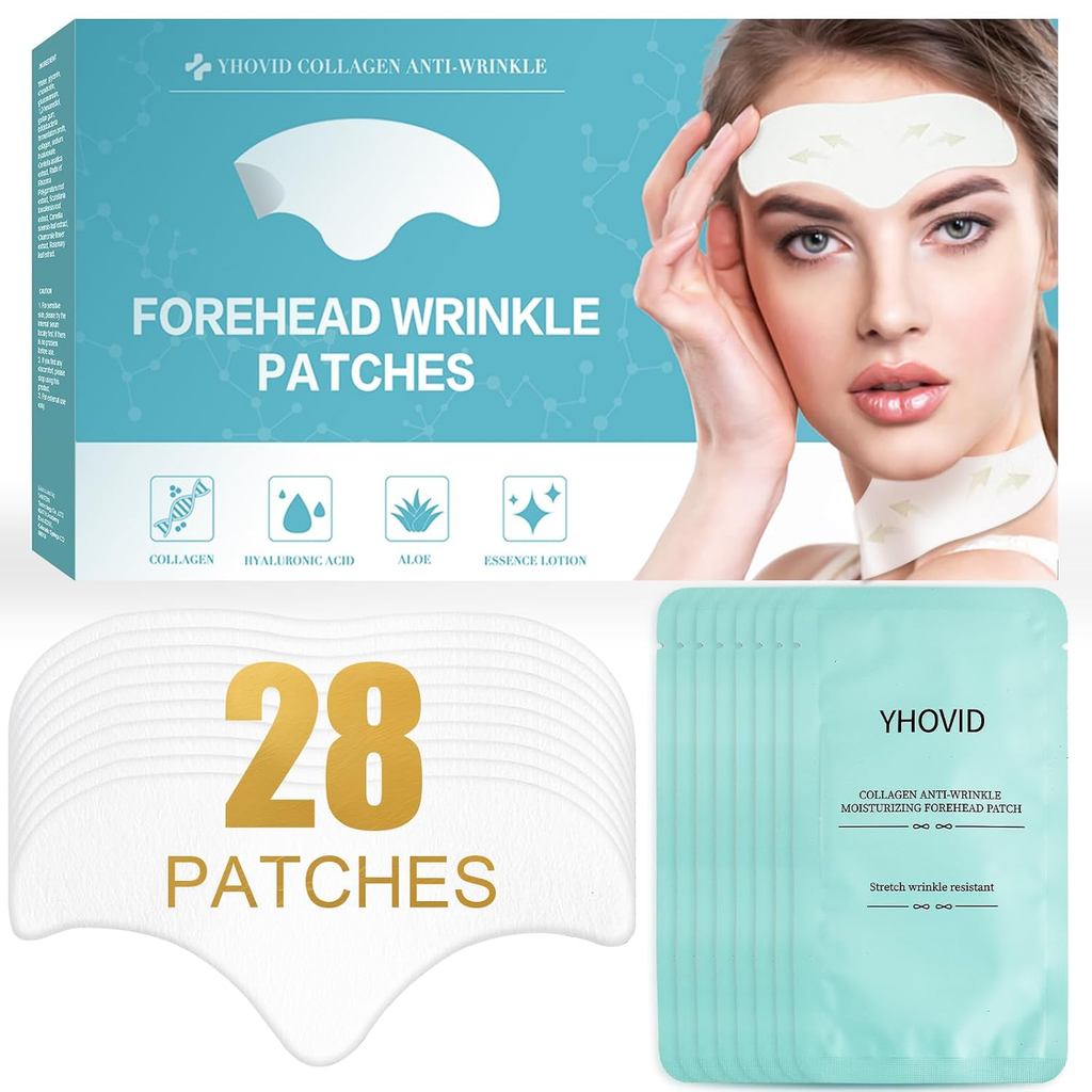 YLOVID 28 ชิ้นแผ่นแปะริ้วรอยหน้าผาก - แผ่นแปะต่อต้านริ้วรอยบนใบหน้าพร้อมคอลลาเจนและวิตามินอีสําหรับใ