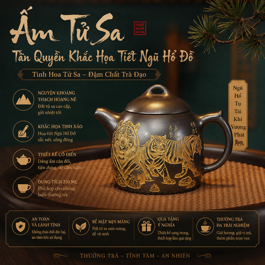 SA Zi Sha กาต้มน้ํา NGHI HUNG TAN EXCLUSIVE ENGRAVED WITH FIVE TIGER PATTERNS CAPACITY 250ML, HOANG 