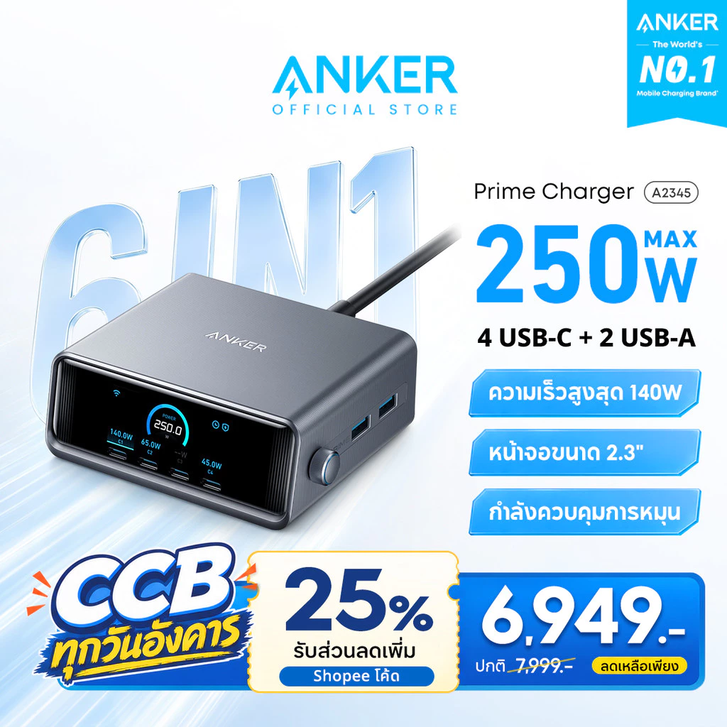 ANKER Prime Fast Charger Station หัวชาร์จ 250W 6-Port GaN USB-C สำหรับ iPhone 17/16 Samsung S26 Ultra/Laptop A2345