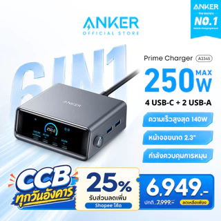 ANKER Prime Fast Charger Station หัวชาร์จ 250W 6-Port GaN USB-C สำหรับ iPhone 17/16 Samsung S26 Ultra/Laptop A2345