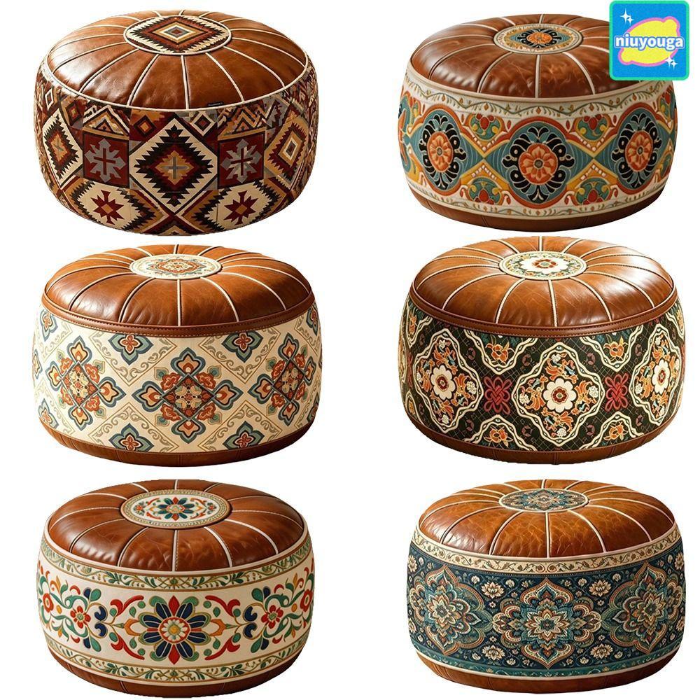 NIUYO Round Ottoman Stool, PU หนังสไตล์วินเทจสตูลวางเท้า,รูปแบบนกเรขาคณิตทรงกลม Filled Storage Ottom