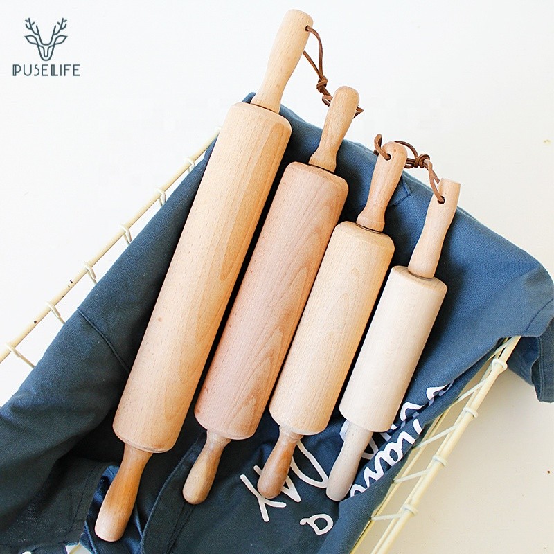 Solid Beech ไม้ Rolling Pin พร้อมที่จับหนังแขวน Loop Pastry Dough Roller ห้องครัวเบเกอรี่คุกกี้ Pie 