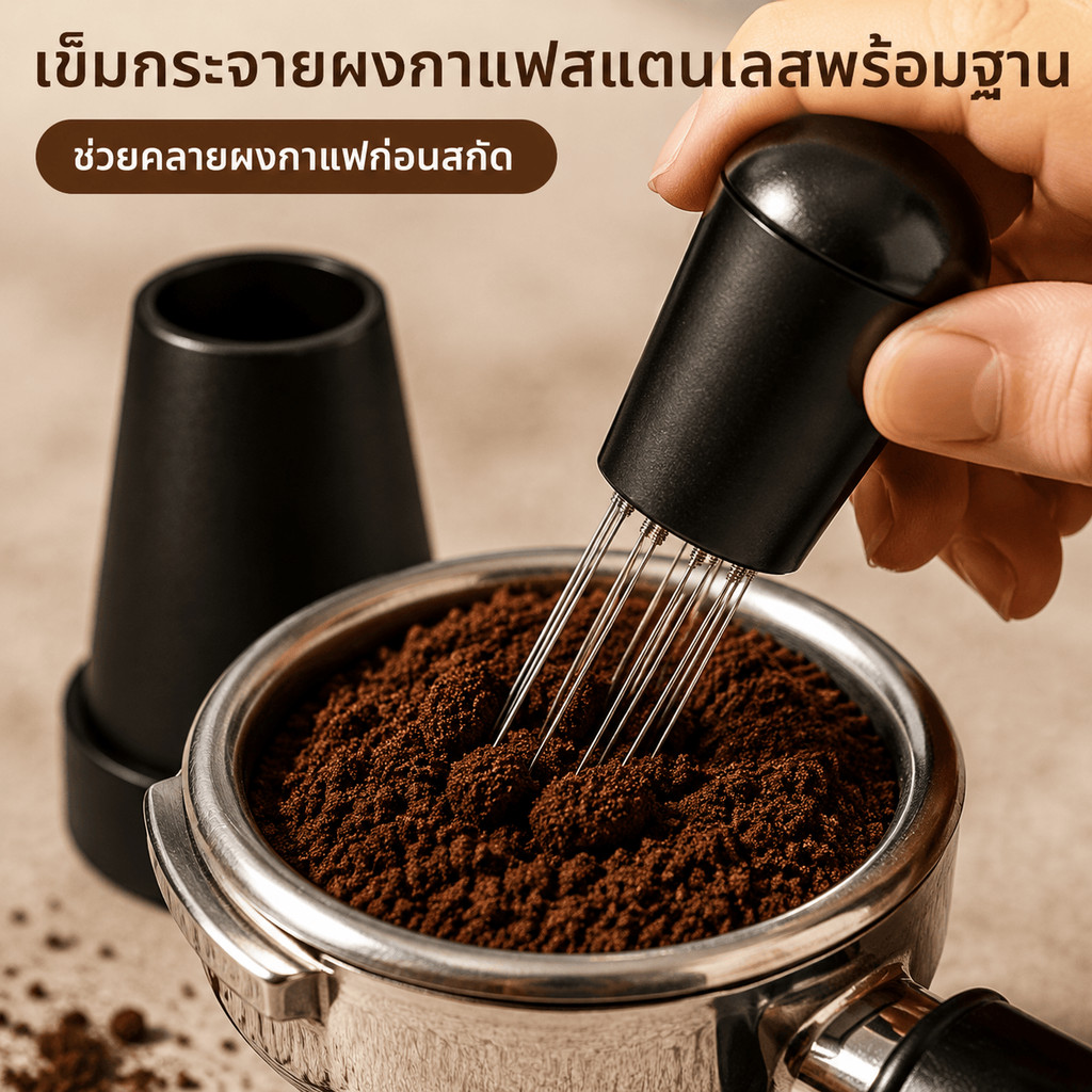 เข็มผงกาแฟอิตาลีชนิดเข็มสแตนเลสพร้อมฐานด้ามจับใช้งานง่ายสามารถแบ่งผงกาแฟก้อนใช้งานง่ายประเทศไทยพร้อมสต็อก