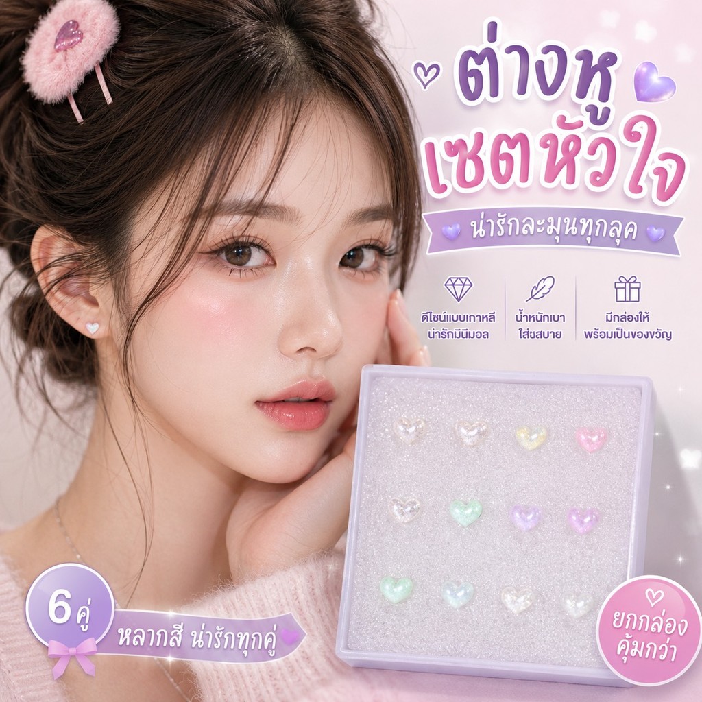 ได้กล่อง เซตต่างหูพลาสติก รูปหัวใจกากเพชร ต่างหูก้านพลาสติก สำหรับคนแพ้ง่าย ต่างหูเรซิน มินิมอล น่ารักนักเรียนใส่ได้AE88