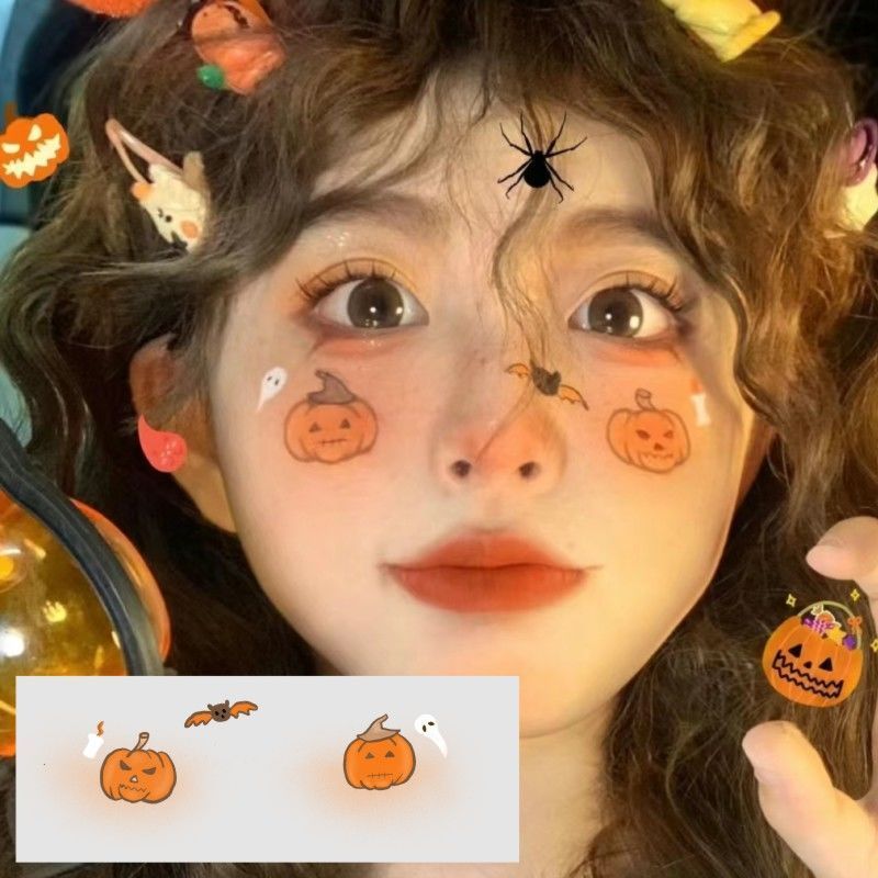 万圣节可爱南瓜妆容贴蜘蛛女* 巫修女儿童闪粉创意缝线伤疤脸贴Halloween Witch Gothic Dark Makeup Nun Creative Makeup * Children'S Ca