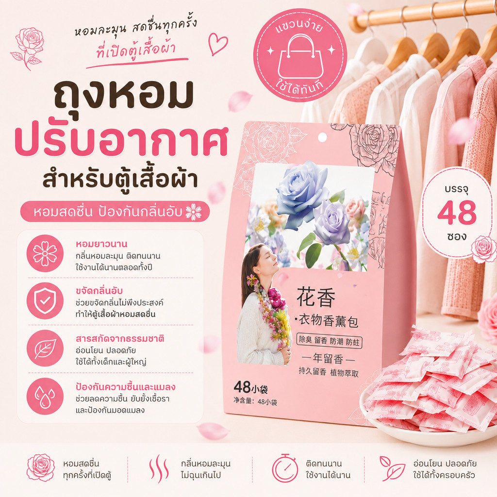 XB-01 ถุงหอมกุหลาบ 48 ซอง สำหรับตู้เสื้อผ้า ลิ้นชัก กล่องเก็บของ กลิ่นหอมสดชื่น