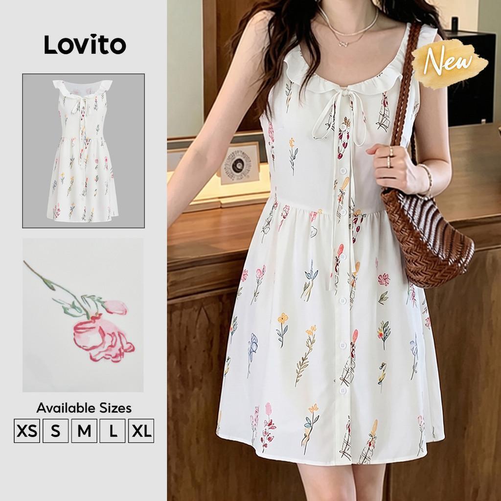 (New Arrival) Lovito ชุดเดรสลําลองผู้หญิงสีขาว ระบายชาย ผูกเชือก สไตล์ฤดูใบไม้ผลิ/ฤดูร้อน เดรสเที่ยวเขา DRB203TD063