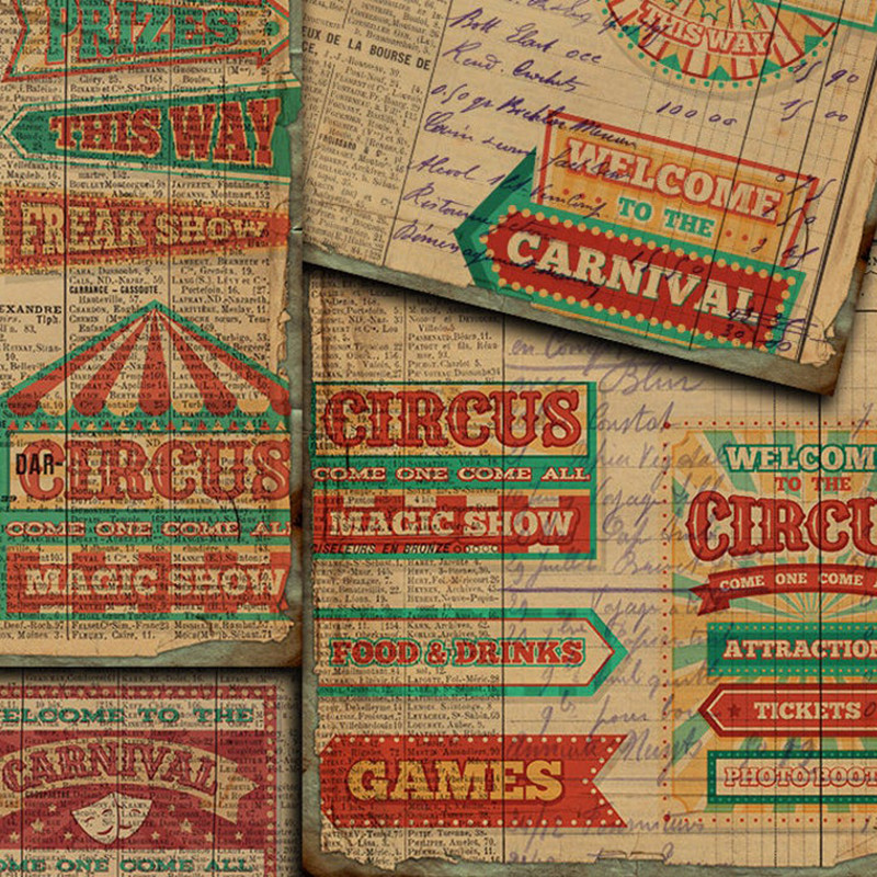 Junk journal Large Size Retro Base Material Paper Collage English Circus Theme Handbook Sticker